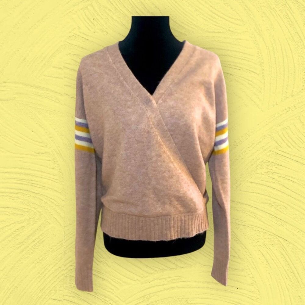 EUC Heartloom Camila Lightweight Sweater V-Neck Faux Wrap Beige Stripes Womens L